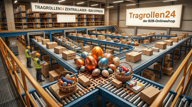 Festliche KI-Grafik zum Thema Ostern im Tragrollen24 B2B Express-Zentrallager mit bunten Ostereiern auf industriellen Rollenbahnen und Paketförderern