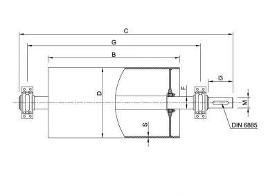 Technical dimensional drawing of a conveyor drive pulley featuring a keyless locking assembly design