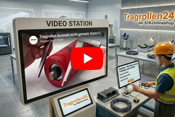 Infografik zur Tragrollen24 Video Station mit einem Erklärvideo der Siegbert Spohr GmbH zum korrekten Ausmessen von Tragrollen und der digitalen Maßerfassung