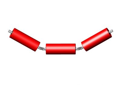 Flexible 3-part garland roller assembly with articulated idlers for heavy-duty bulk material conveyor belts
