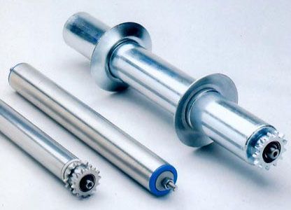 Steel conveyor idlers showcasing a heavy-duty roller with twin welded steel flange discs and a drive sprocket for industrial material handling