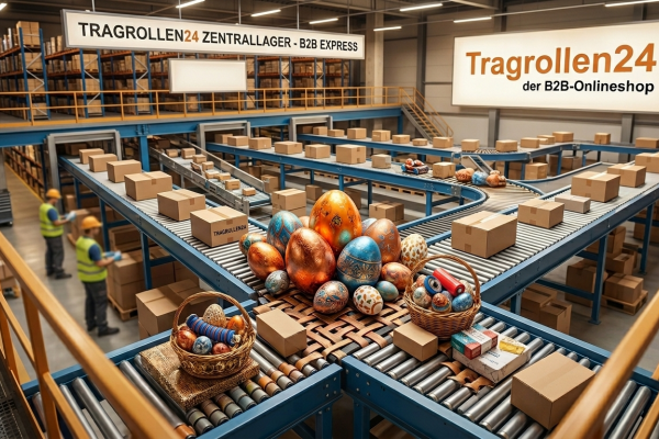 Festliche KI-Grafik zum Thema Ostern im Tragrollen24 B2B Express-Zentrallager mit bunten Ostereiern auf industriellen Rollenbahnen und Paketförderern