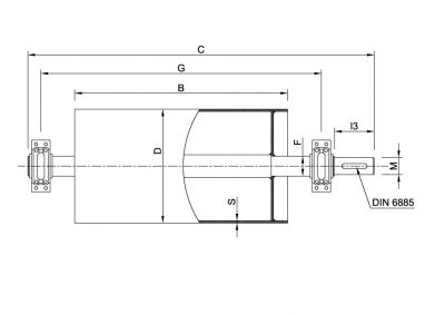Technical dimensional drawing of a conveyor drive pulley featuring a rigidly welded shaft design