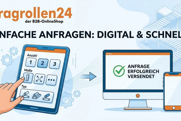 Infografik des Tragrollen24 B2B-OnlineShops zur einfachen digitalen Anfrage und Konfiguration von Tragrollen via Smartphone, Tablet und PC