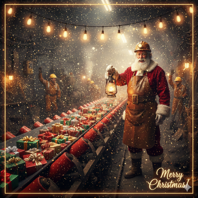 Festliche KI-Grafik mit dem Schriftzug „Merry Christmas!“, auf der der Weihnachtsmann als Bergmann unter Tage neben einem mit Geschenken beladenen Förderband steht