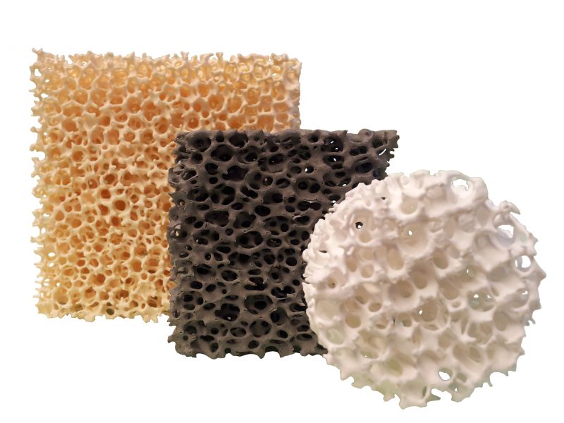 Three ceramic foam filters showing detailed open-cell porous structures for turbulent flow reduction and inclusion trapping