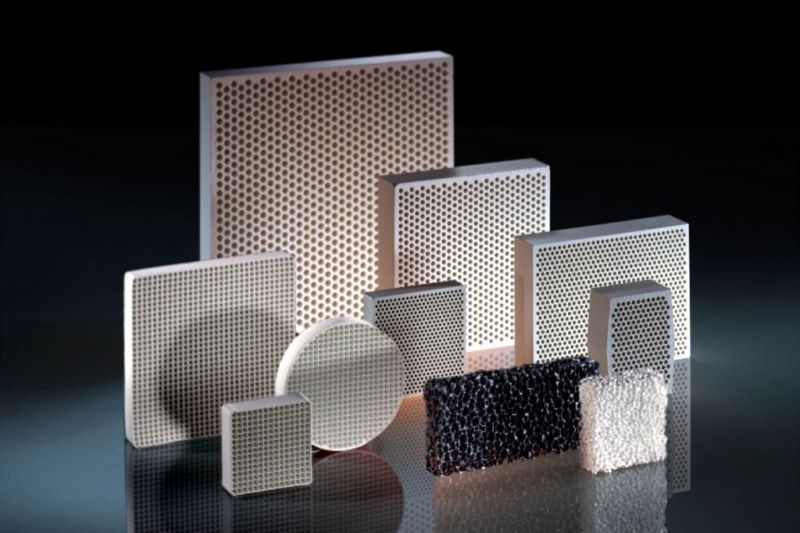Assortment of industrial casting filters in various shapes and sizes designed to remove impurities from liquid metal
