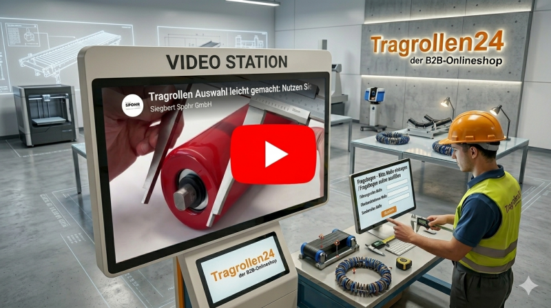 Infografik zur Tragrollen24 Video Station mit einem Erklärvideo der Siegbert Spohr GmbH zum korrekten Ausmessen von Tragrollen und der digitalen Maßerfassung