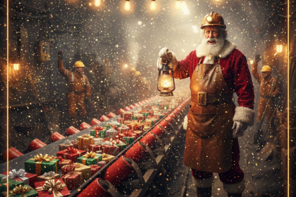 Festliche KI-Grafik mit dem Schriftzug „Merry Christmas!“, auf der der Weihnachtsmann als Bergmann unter Tage neben einem mit Geschenken beladenen Förderband steht