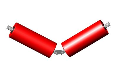 Flexible 2-part garland conveyor idler station with articulated rollers for bulk material handling