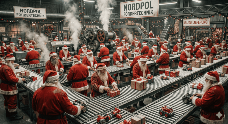 Humorvolle KI-Grafik mit dem Titel „Nordpol Fördertechnik“, auf der zahlreiche Weihnachtsmänner an industriellen Rollenbahnen Geschenke für die eilige Lieferung verpacken