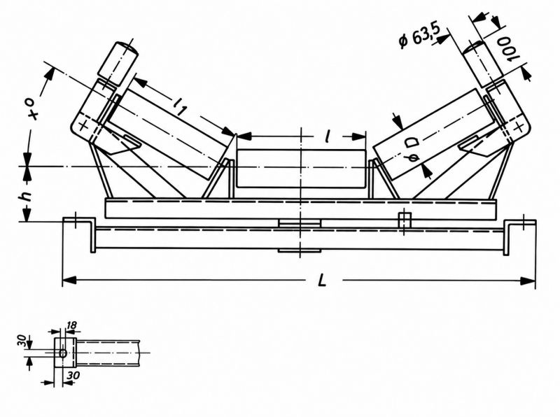 Technical dimensional drawing of an upper belt tracking station designed for automatic belt centering