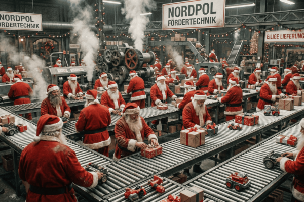 Humorvolle KI-Grafik mit dem Titel „Nordpol Fördertechnik“, auf der zahlreiche Weihnachtsmänner an industriellen Rollenbahnen Geschenke für die eilige Lieferung verpacken