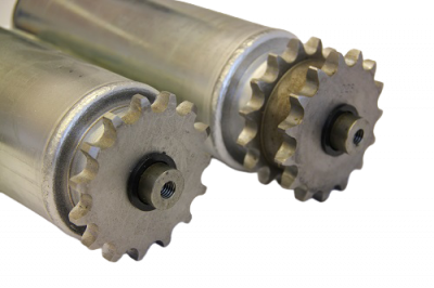 Detailed view of welded single and double sprockets on heavy-duty motorized conveyor rollers for precise chain drive alignment