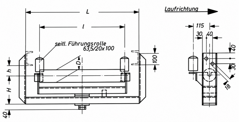 Technical dimensional drawing of a lower belt tracking station designed for automatic belt centering