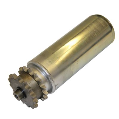 Ready-to-install chain-driven conveyor roller equipped with a double sprocket for continuous roller-to-roller power transmission