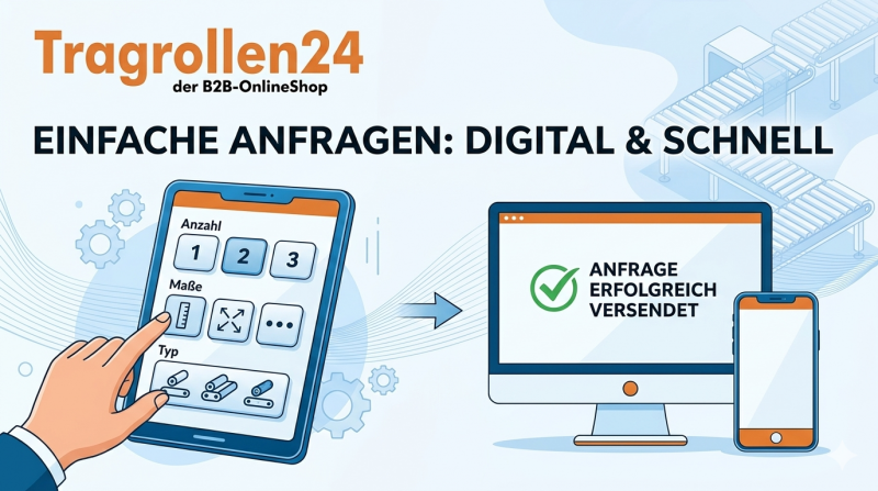 Infografik des Tragrollen24 B2B-OnlineShops zur einfachen digitalen Anfrage und Konfiguration von Tragrollen via Smartphone, Tablet und PC